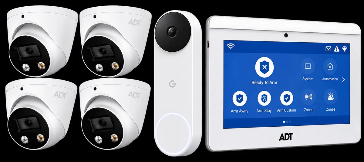 Four ADT security cameras, a Google video doorbell and an ADT touchscreen control panel included in the offer