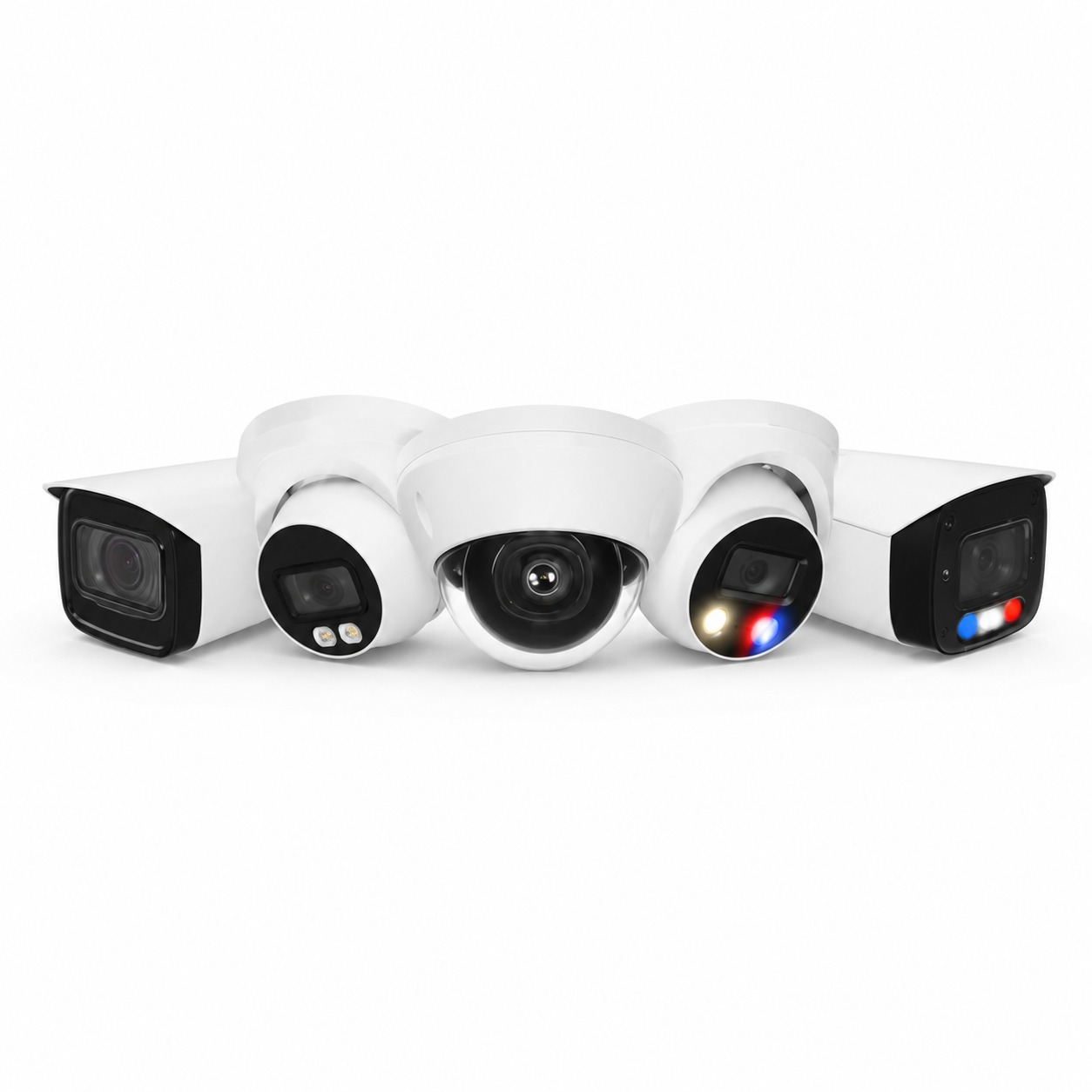 Assortment of dome, turret and bullet-style security cameras representing video visibility coverage